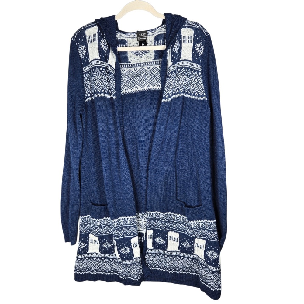 Doctor Who Cardigan Medium Tardis Fair Isle Hooded Blue Her Universe Sweater